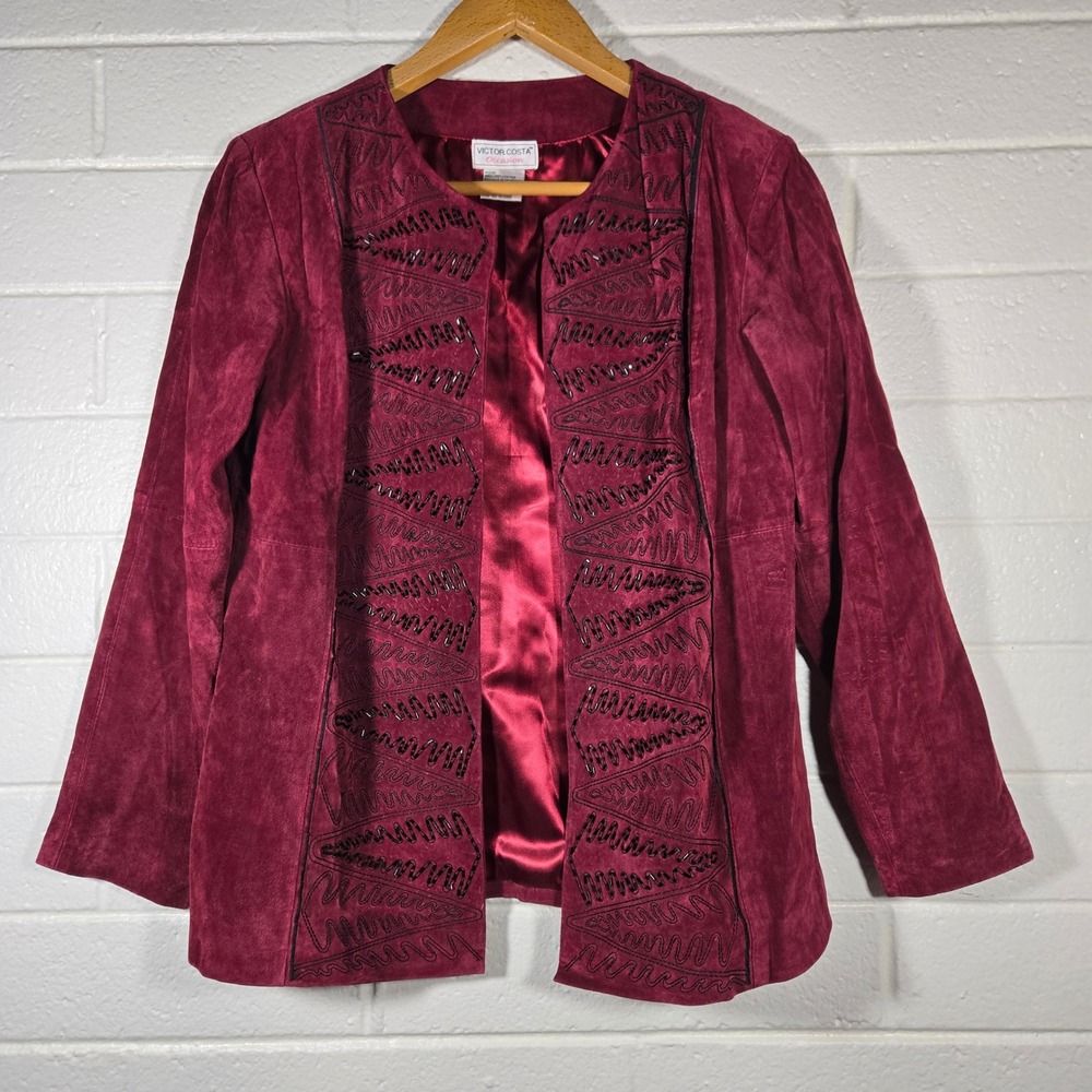 Vtg Victor Costa Leather Suede Jacket Medium Burgundy Beaded Boho Abstract Artsy